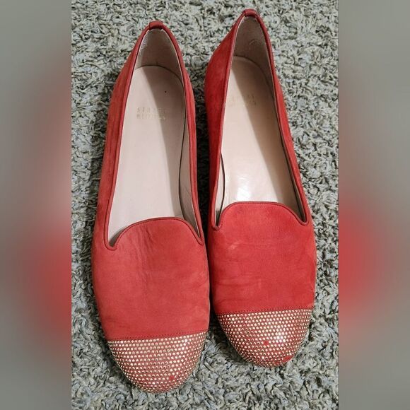Stuart Weitzman Lingo Loafers Flats Red Suede Gold Studded Toe Shoes Womens  9.5 - Picture 1 of 10